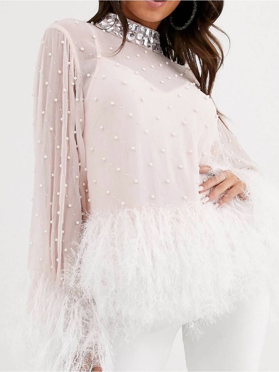 ASOS Tops - ASOS Blush Sheer Pearl-Embellished Top with Feather Trim